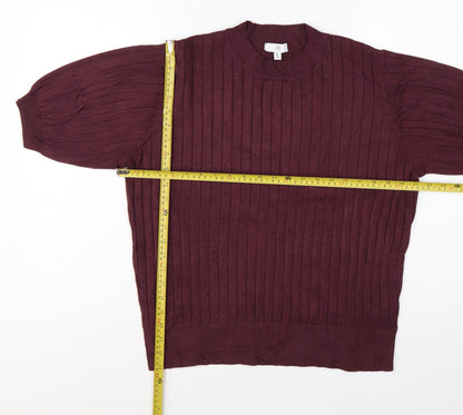 R Women’s Burgundy Red L Rib Knit Balloon Sleeve Short Sleeve Jumper