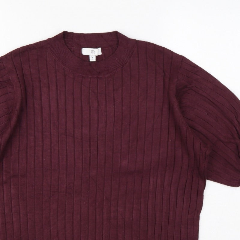 R Women’s Burgundy Red L Rib Knit Balloon Sleeve Short Sleeve Jumper