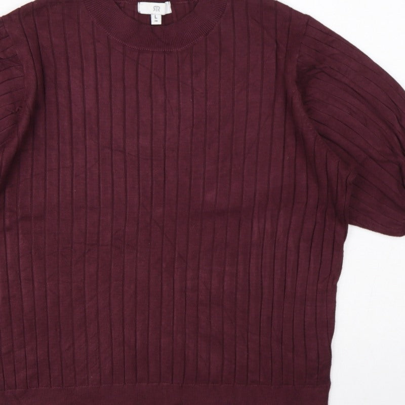 R Women’s Burgundy Red L Rib Knit Balloon Sleeve Short Sleeve Jumper