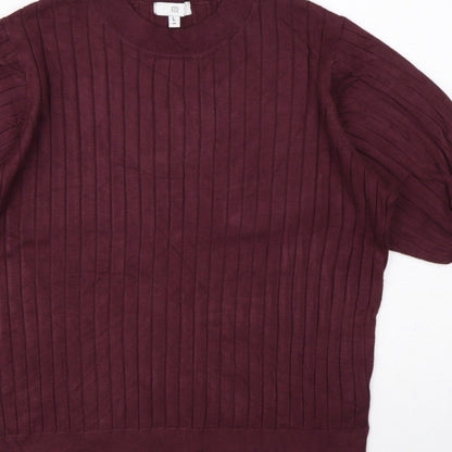 R Women’s Burgundy Red L Rib Knit Balloon Sleeve Short Sleeve Jumper