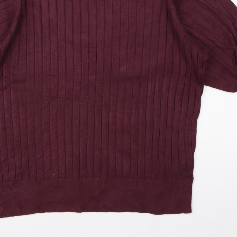 R Women’s Burgundy Red L Rib Knit Balloon Sleeve Short Sleeve Jumper