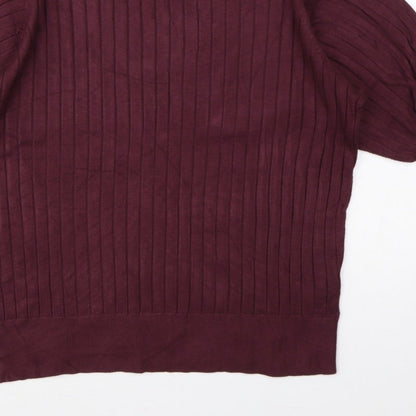 R Women’s Burgundy Red L Rib Knit Balloon Sleeve Short Sleeve Jumper