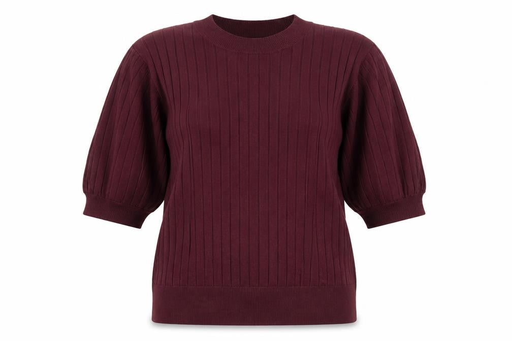 R Women’s Burgundy Red L Rib Knit Balloon Sleeve Short Sleeve Jumper