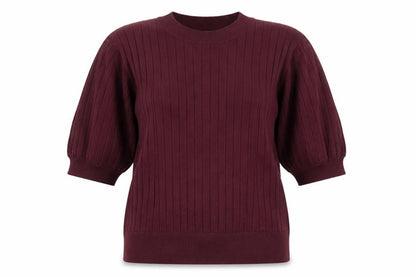 R Women’s Burgundy Red L Rib Knit Balloon Sleeve Short Sleeve Jumper
