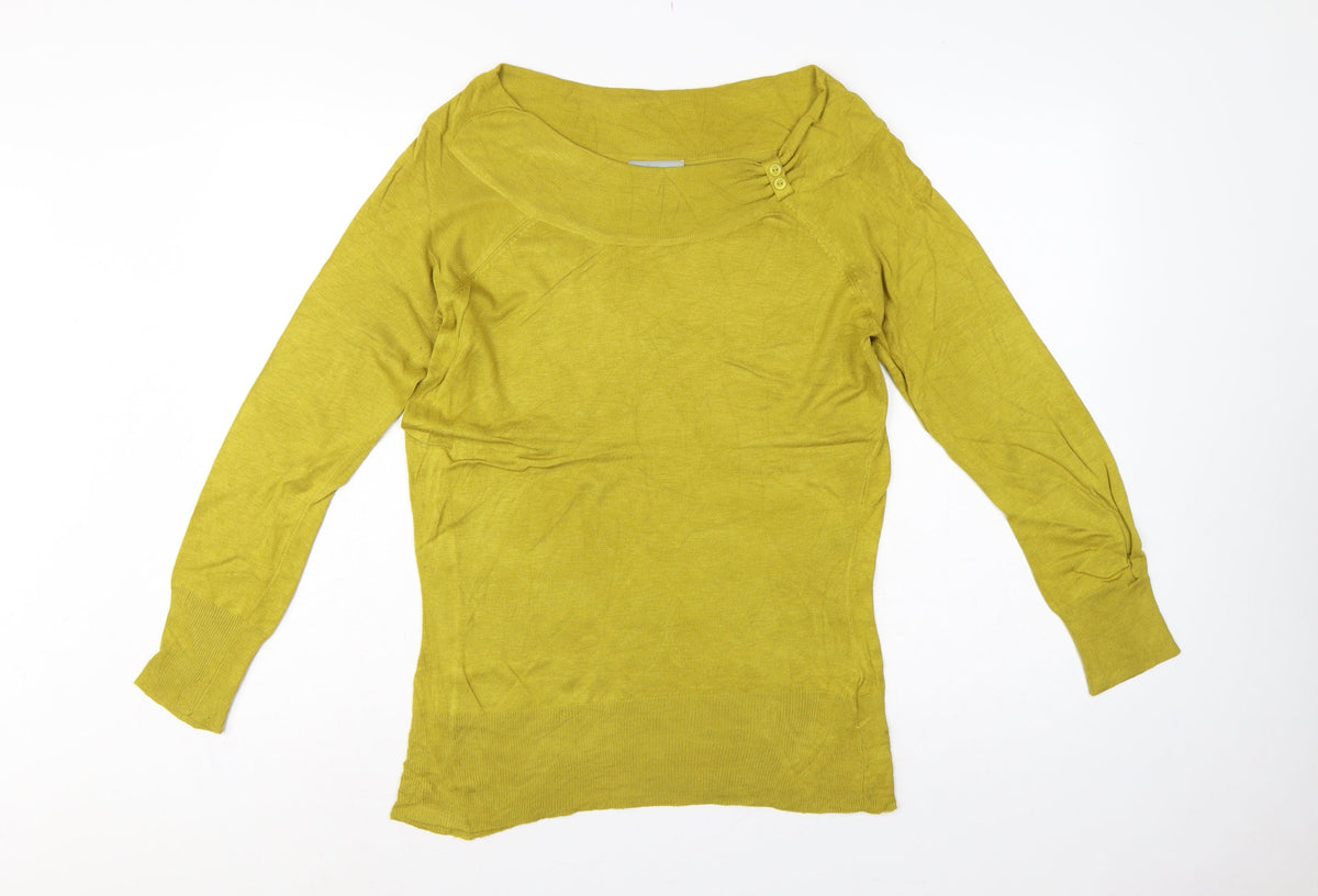 Wallis Women Yellow Size 8 Fine Knit Button Cowl Neck Pullover