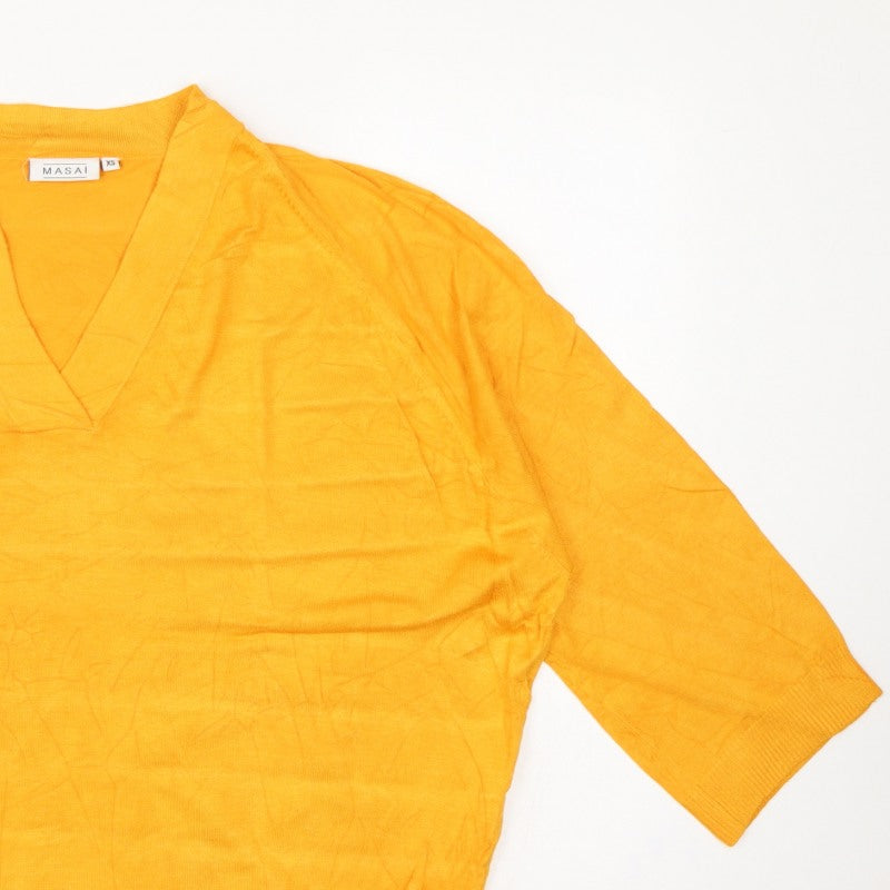 Masai Women Yellow XS Relaxed V-Neck Short Sleeve Knit Jumper