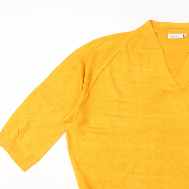 Masai Women Yellow XS Relaxed V-Neck Short Sleeve Knit Jumper