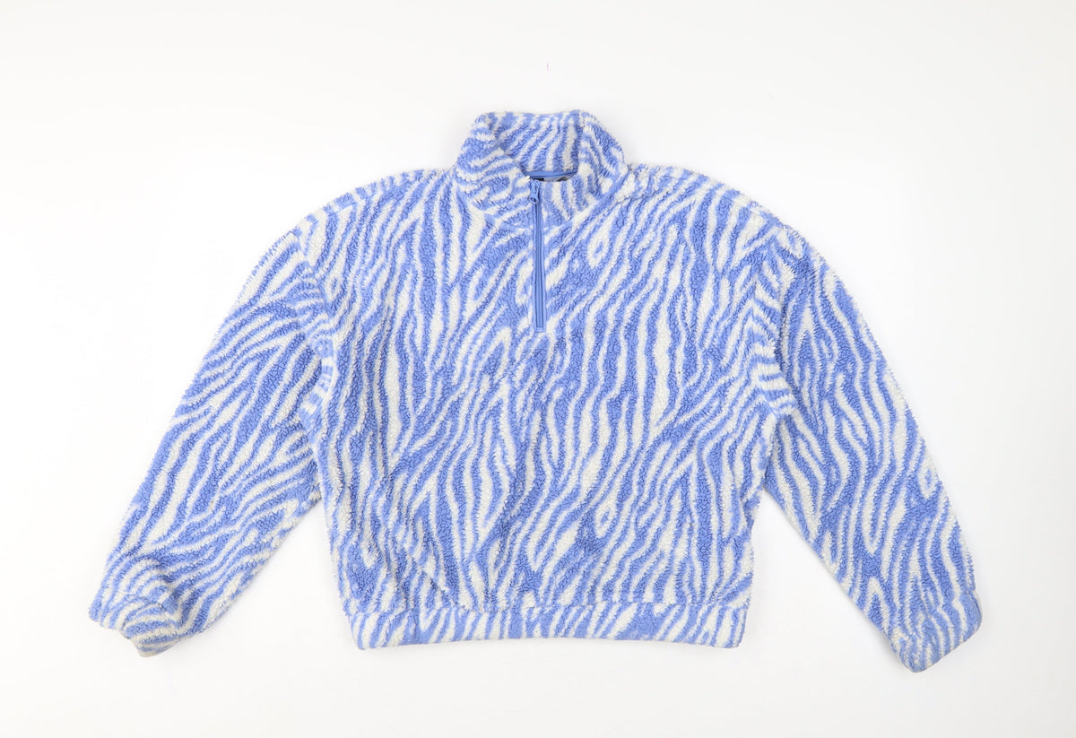 H&M Divided Women Blue Zebra Print Fleece 1/4 Zip Sweatshirt Size S