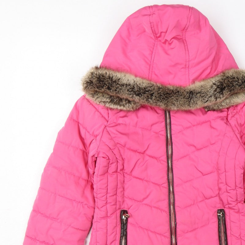 Joules Girls Pink 9-10 Years Hooded Puffer Jacket Faux Fur Trim