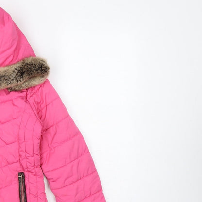 Joules Girls Pink 9-10 Years Hooded Puffer Jacket Faux Fur Trim