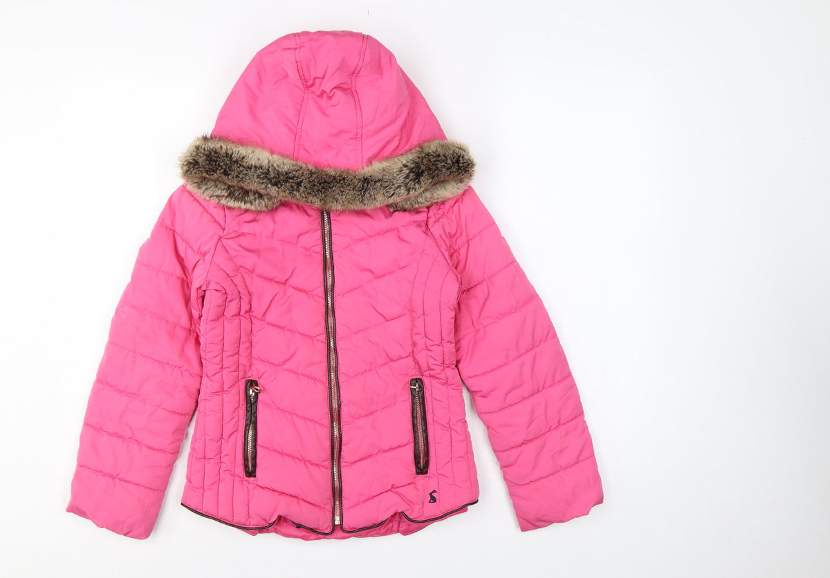Joules Girls Pink 9-10 Years Hooded Puffer Jacket Faux Fur Trim