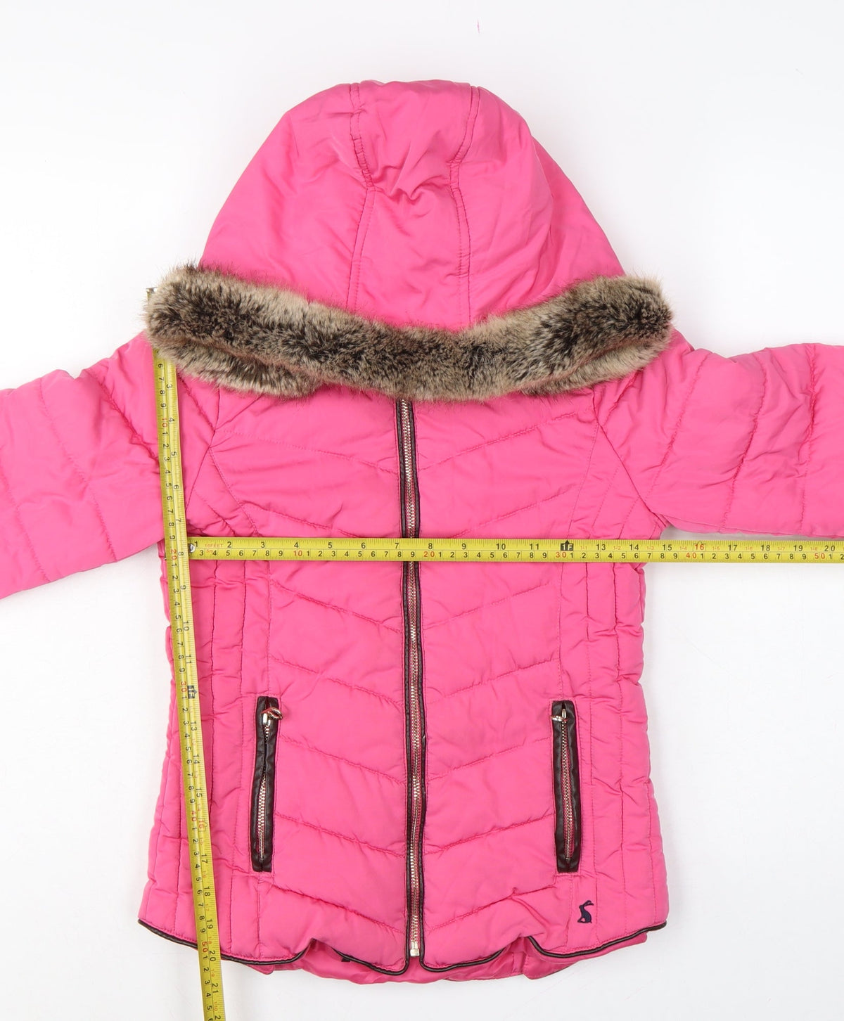 Joules Girls Pink 9-10 Years Hooded Puffer Jacket Faux Fur Trim