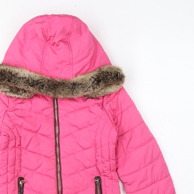 Joules Girls Pink 9-10 Years Hooded Puffer Jacket Faux Fur Trim