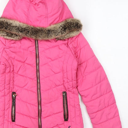 Joules Girls Pink 9-10 Years Hooded Puffer Jacket Faux Fur Trim