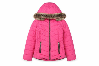 Joules Girls Pink 9-10 Years Hooded Puffer Jacket Faux Fur Trim