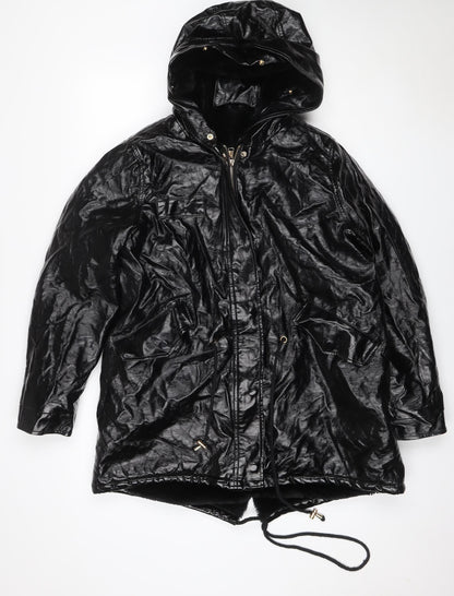 Amylum Women Black Size 14 Hooded Faux Leather Parka Jacket