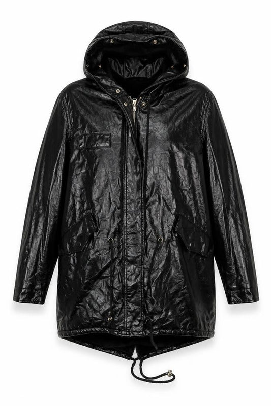 Amylum Women Black Size 14 Hooded Faux Leather Parka Jacket