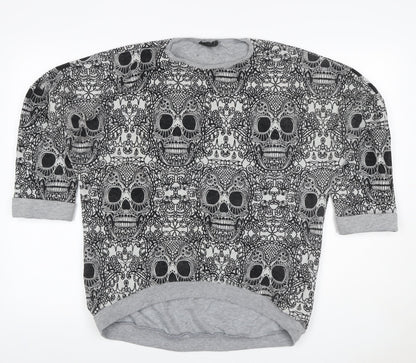 Topshop Women Grey Skull Print 3/4 Sleeve Pullover Sweatshirt UK 12