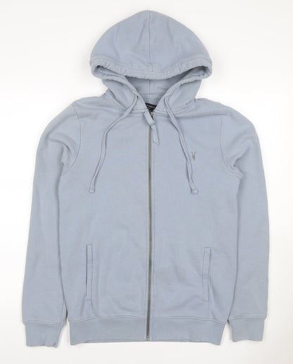 AllSaints Men’s Blue XS Full Zip Hooded Cotton Logo Hoodie