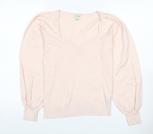 Oasis Women Pink S Square Neck Balloon Sleeve Viscose Knit Jumper