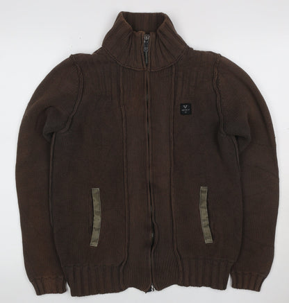 Firetrap Men's Brown S Full Zip High Neck Cotton Knit Jumper