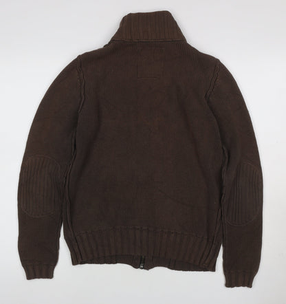 Firetrap Men's Brown S Full Zip High Neck Cotton Knit Jumper