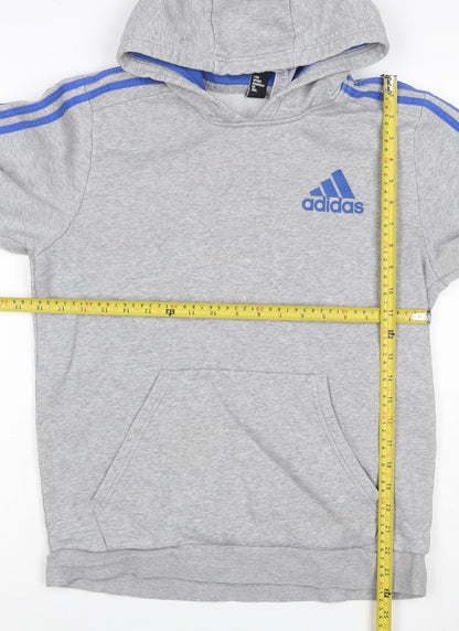 Adidas Men Grey M Pullover Hoodie Blue 3 Stripe Logo Sports Fleece