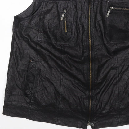 KJ Brand Women Black UK 22 Faux Leather Zip Pocket Sleeveless Waistcoat