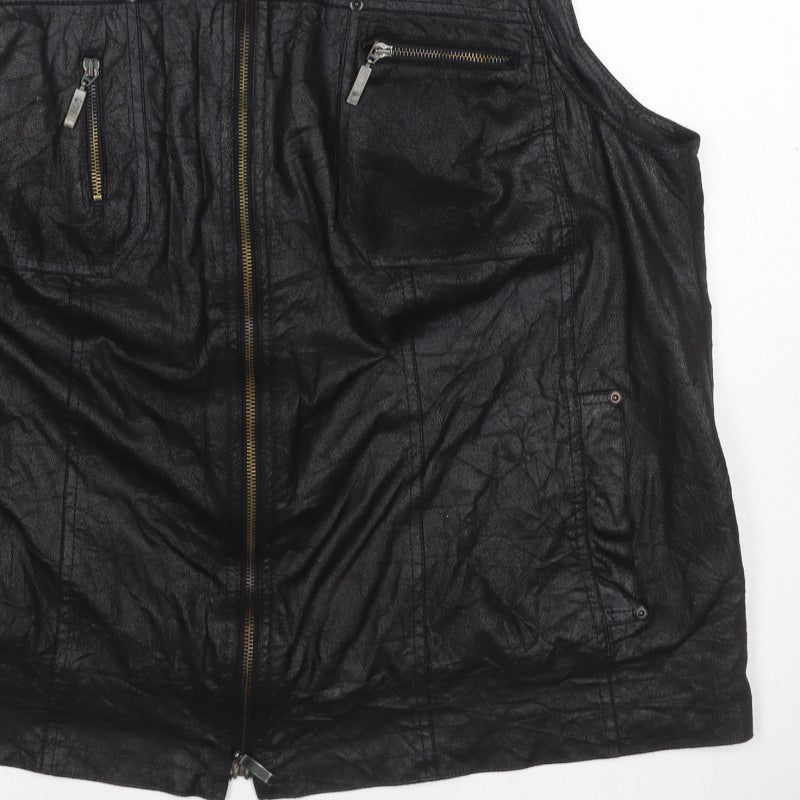 KJ Brand Women Black UK 22 Faux Leather Zip Pocket Sleeveless Waistcoat