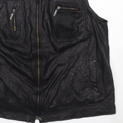 KJ Brand Women Black UK 22 Faux Leather Zip Pocket Sleeveless Waistcoat