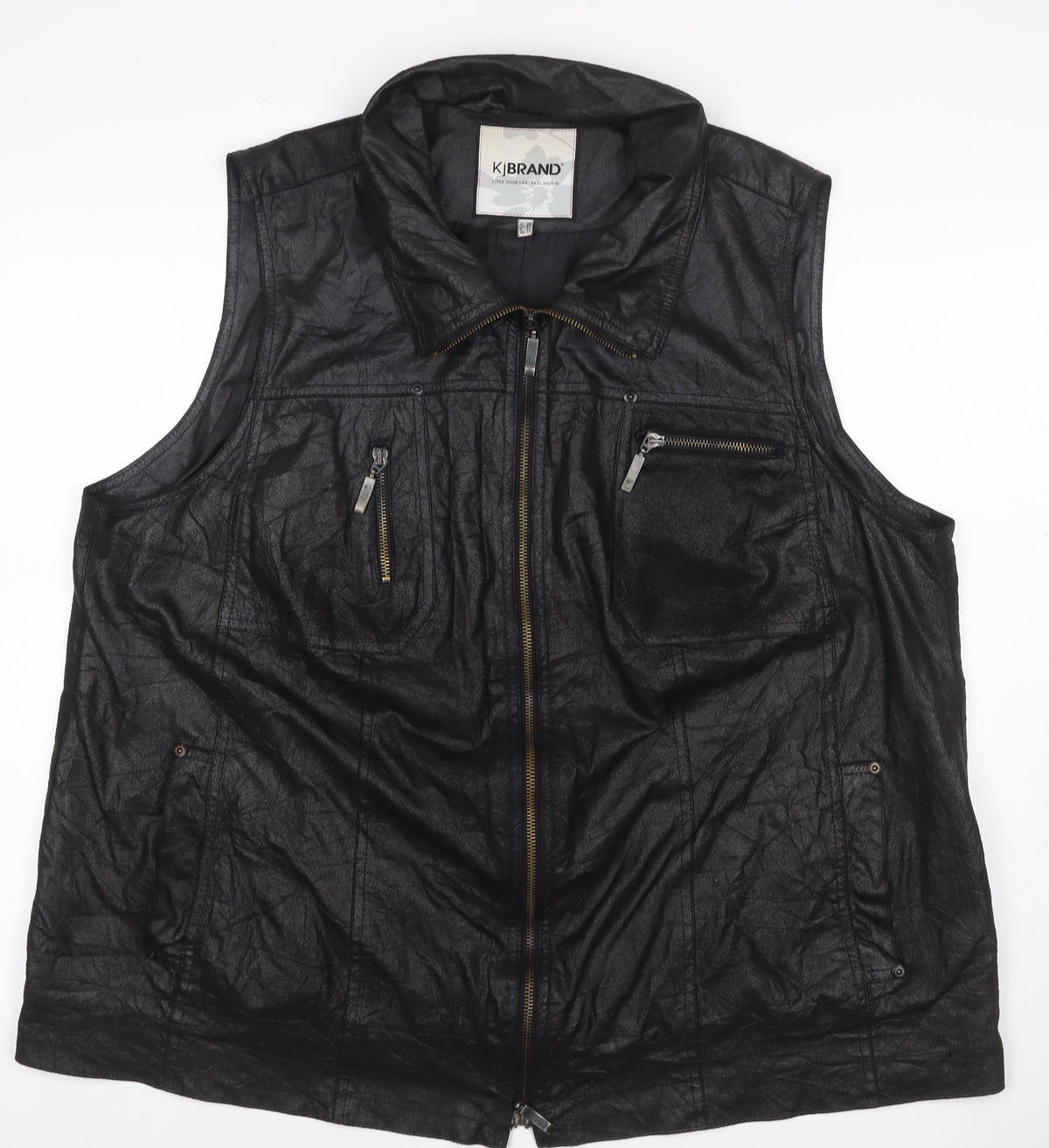 KJ Brand Women Black UK 22 Faux Leather Zip Pocket Sleeveless Waistcoat