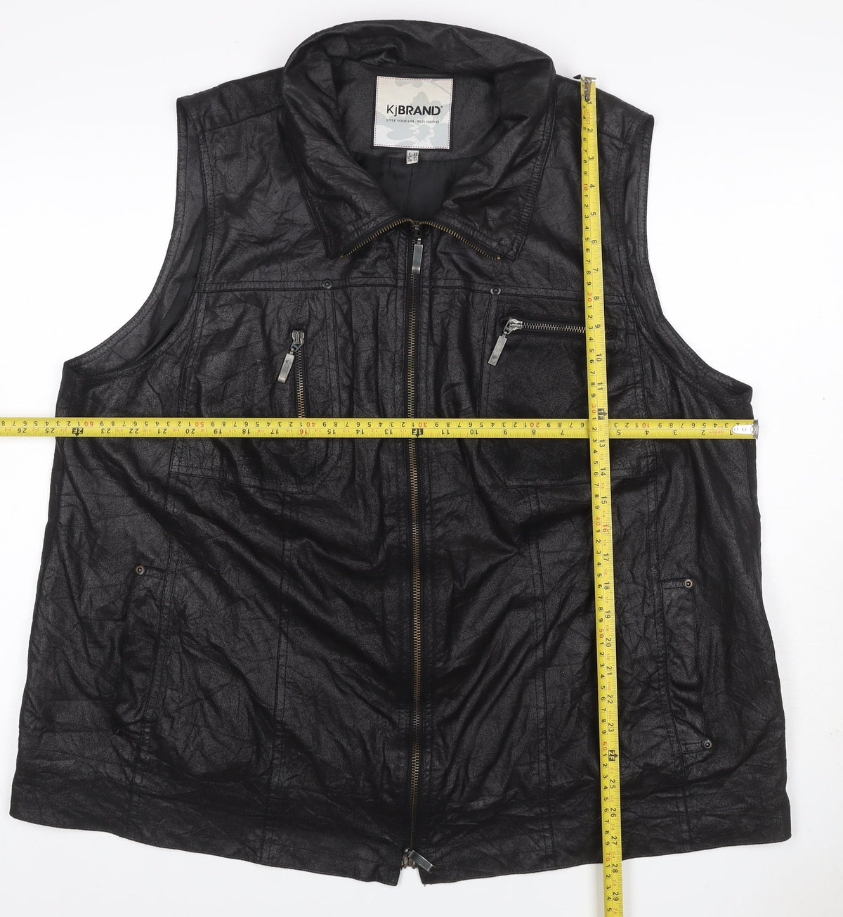 KJ Brand Women Black UK 22 Faux Leather Zip Pocket Sleeveless Waistcoat