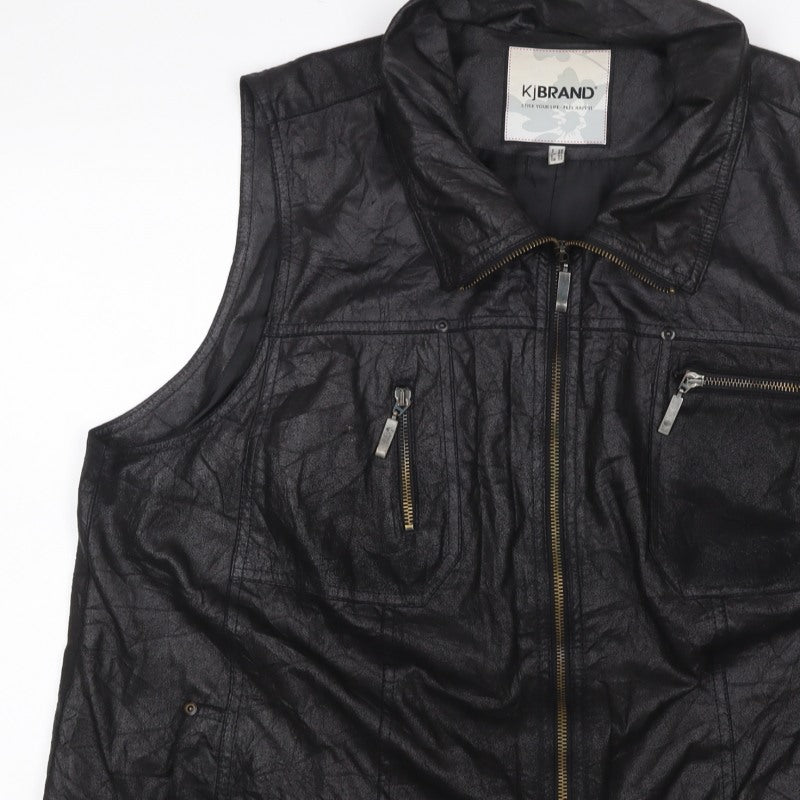 KJ Brand Women Black UK 22 Faux Leather Zip Pocket Sleeveless Waistcoat