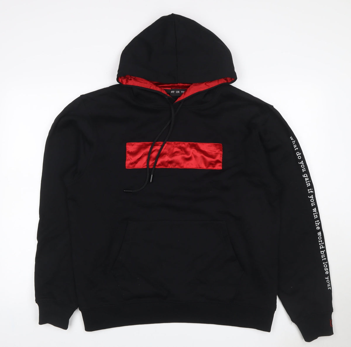 NT UR TRND Men's Black M Pullover Hoodie Red Satin Panel Quotes