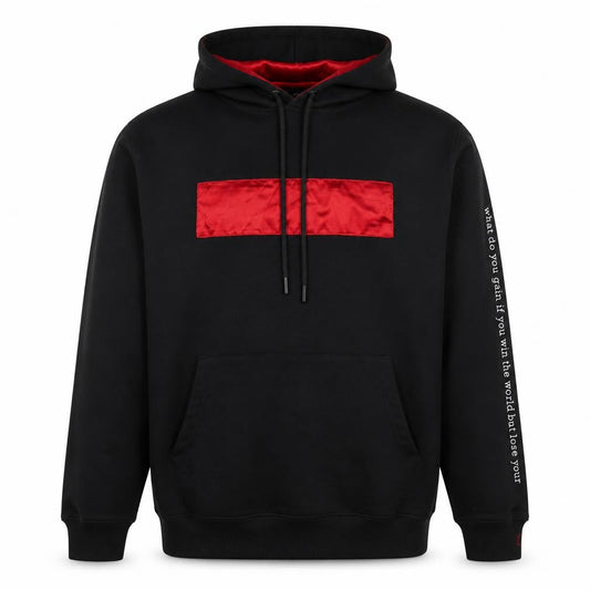 Front view of NT UR TRND Men's Black M Pullover Hoodie Red Satin Panel Quotes
