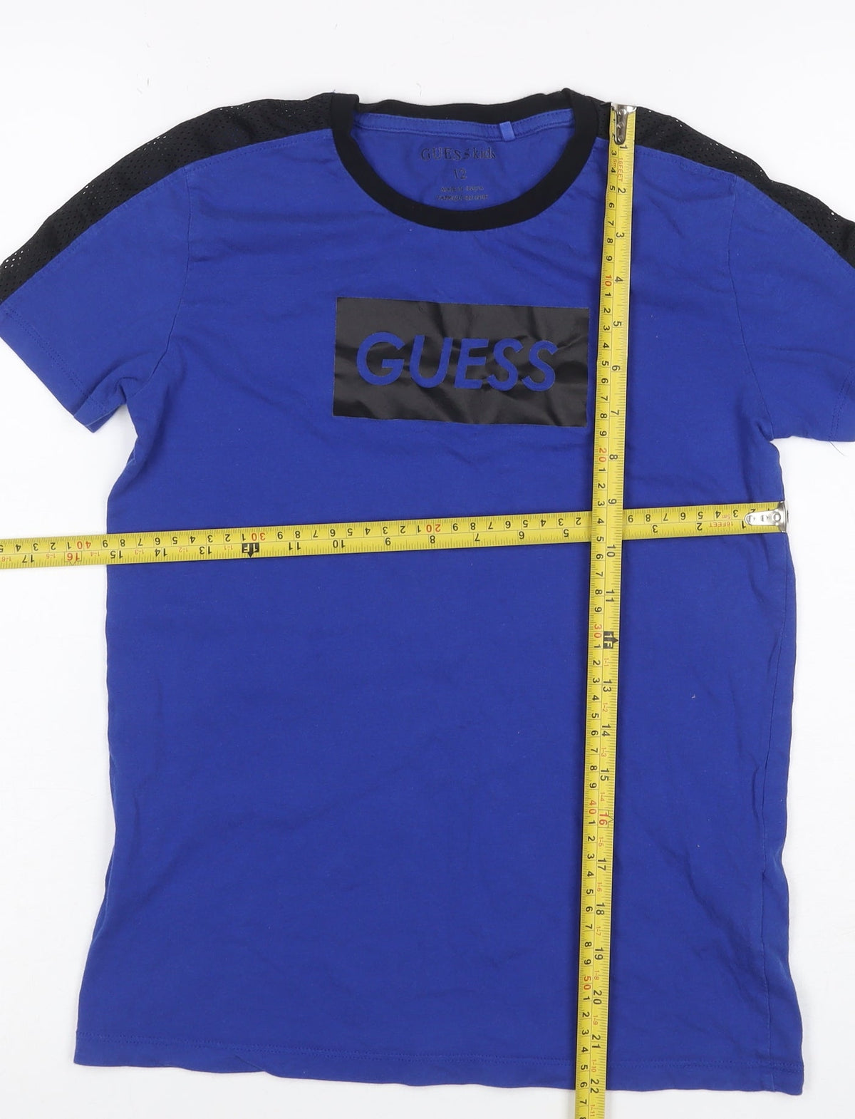 Guess Kids Boys Blue Black Logo Mesh Sleeve T-Shirt Age 12 Years Jersey