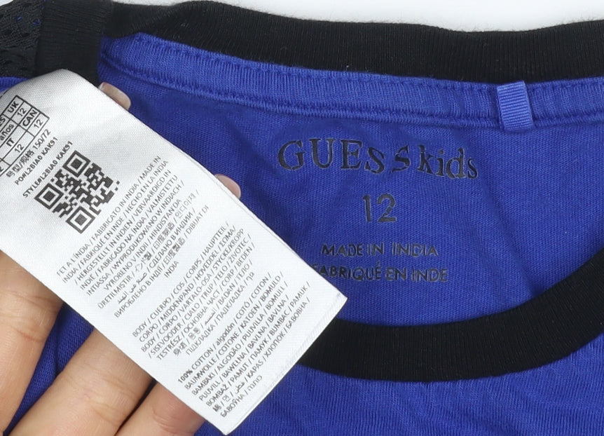 Guess Kids Boys Blue Black Logo Mesh Sleeve T-Shirt Age 12 Years Jersey