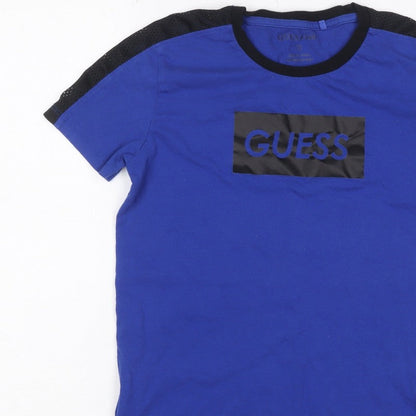 Guess Kids Boys Blue Black Logo Mesh Sleeve T-Shirt Age 12 Years Jersey