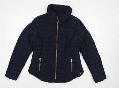 Joules Women Blue UK 14 Quilted Puffer Jacket Zip Padded Gold Trim