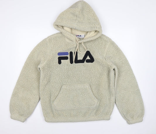 FILA Women’s Ivory Sherpa Fleece Logo Hoodie M Pullover Kangaroo Pocket