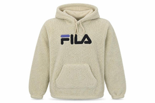 FILA Women’s Ivory Sherpa Fleece Logo Hoodie M Pullover Kangaroo Pocket