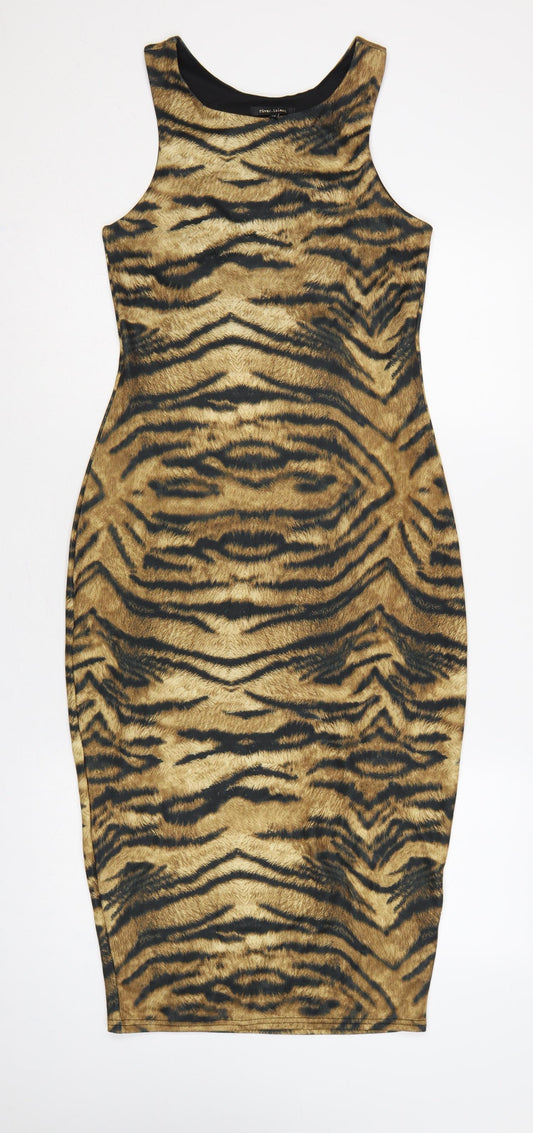 River Island Women Brown Tiger Print Bodycon Knee Length Dress UK 12
