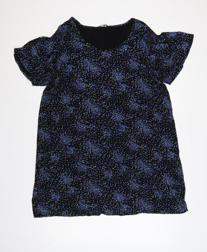 Evans Women Black Blue Floral Shift Dress UK 20 Flutter Sleeve
