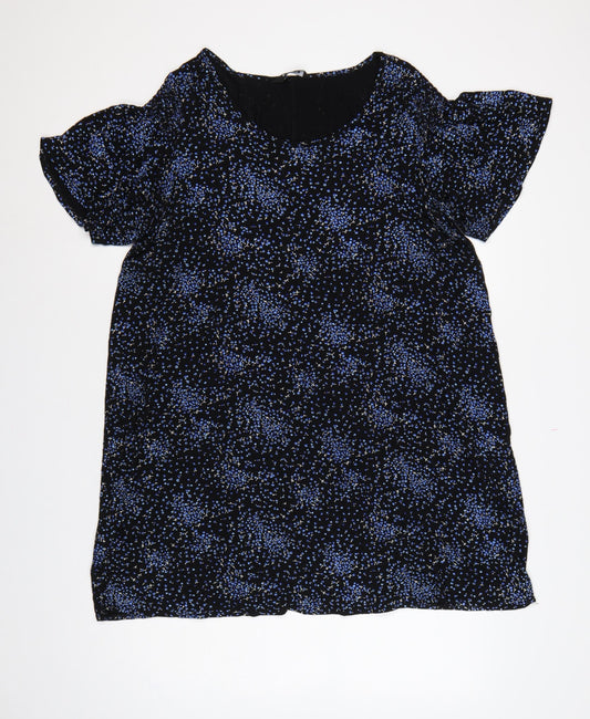 Evans Women Black Blue Floral Shift Dress UK 20 Flutter Sleeve