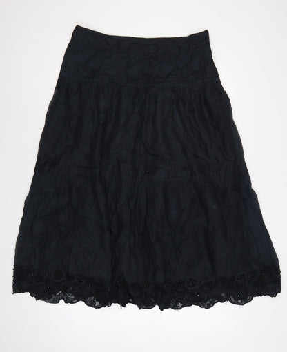 Whistles Women’s Black UK 12 A-Line Midi Cotton Beaded Lace Skirt