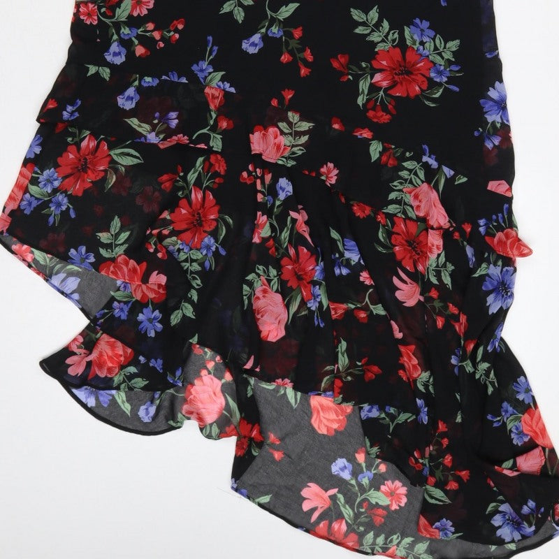 Lipsy Women Black Floral UK 10 Hi-Low Fit & Flare Chiffon Dress