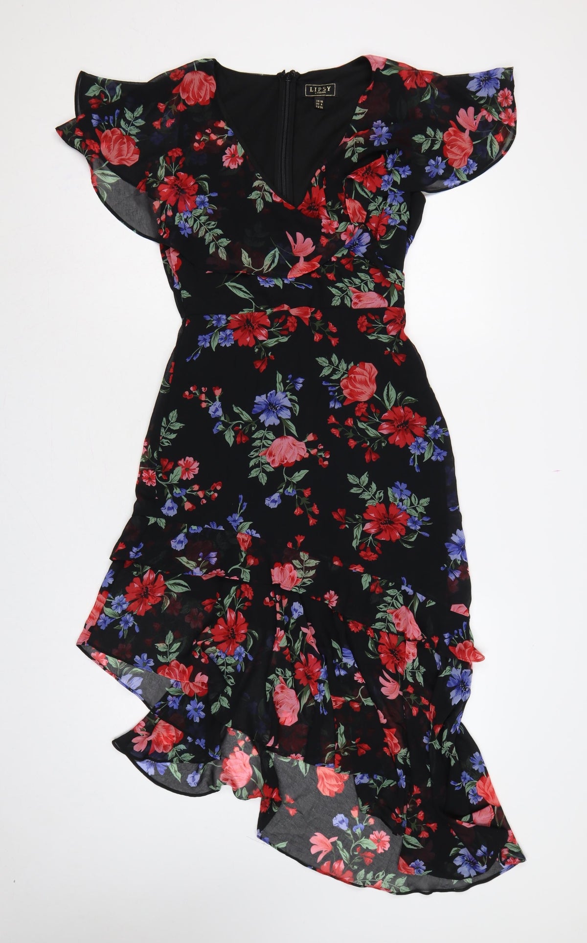 Lipsy Women Black Floral UK 10 Hi-Low Fit & Flare Chiffon Dress