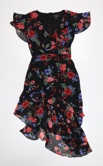 Lipsy Women Black Floral UK 10 Hi-Low Fit & Flare Chiffon Dress