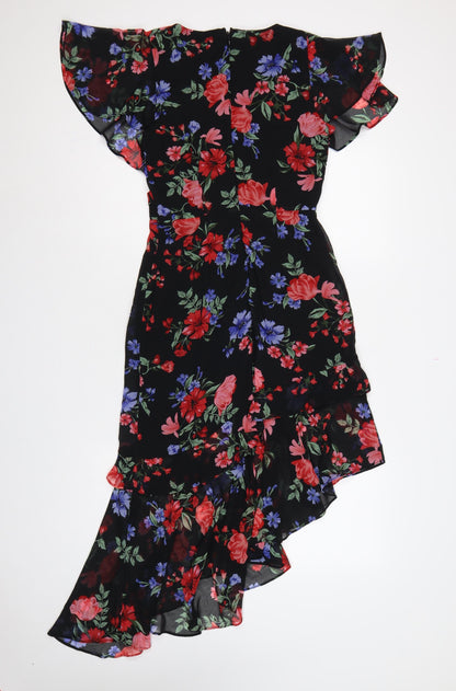 Lipsy Women Black Floral UK 10 Hi-Low Fit & Flare Chiffon Dress