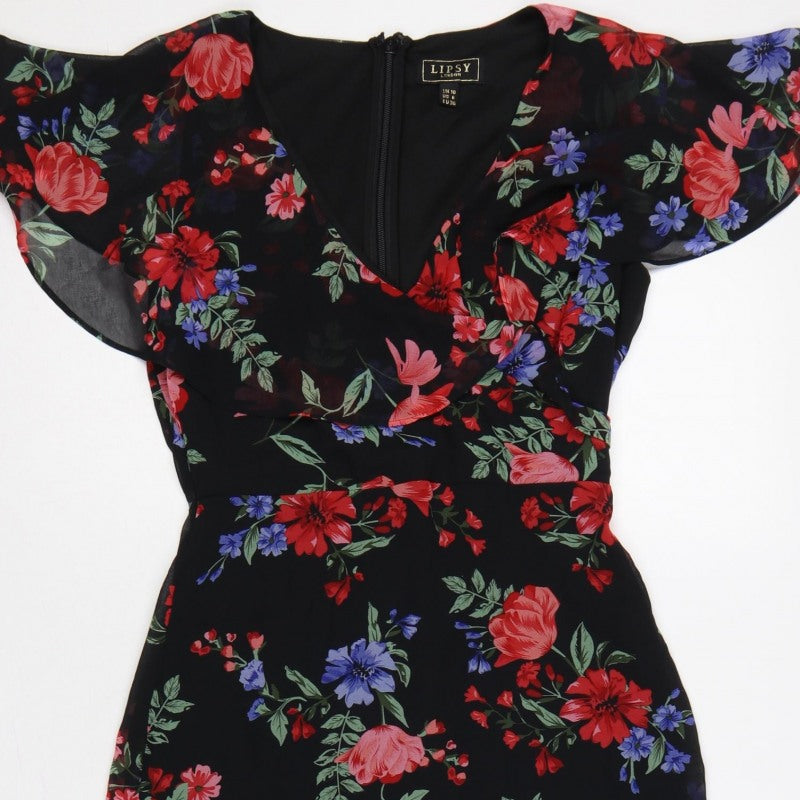 Lipsy Women Black Floral UK 10 Hi-Low Fit & Flare Chiffon Dress